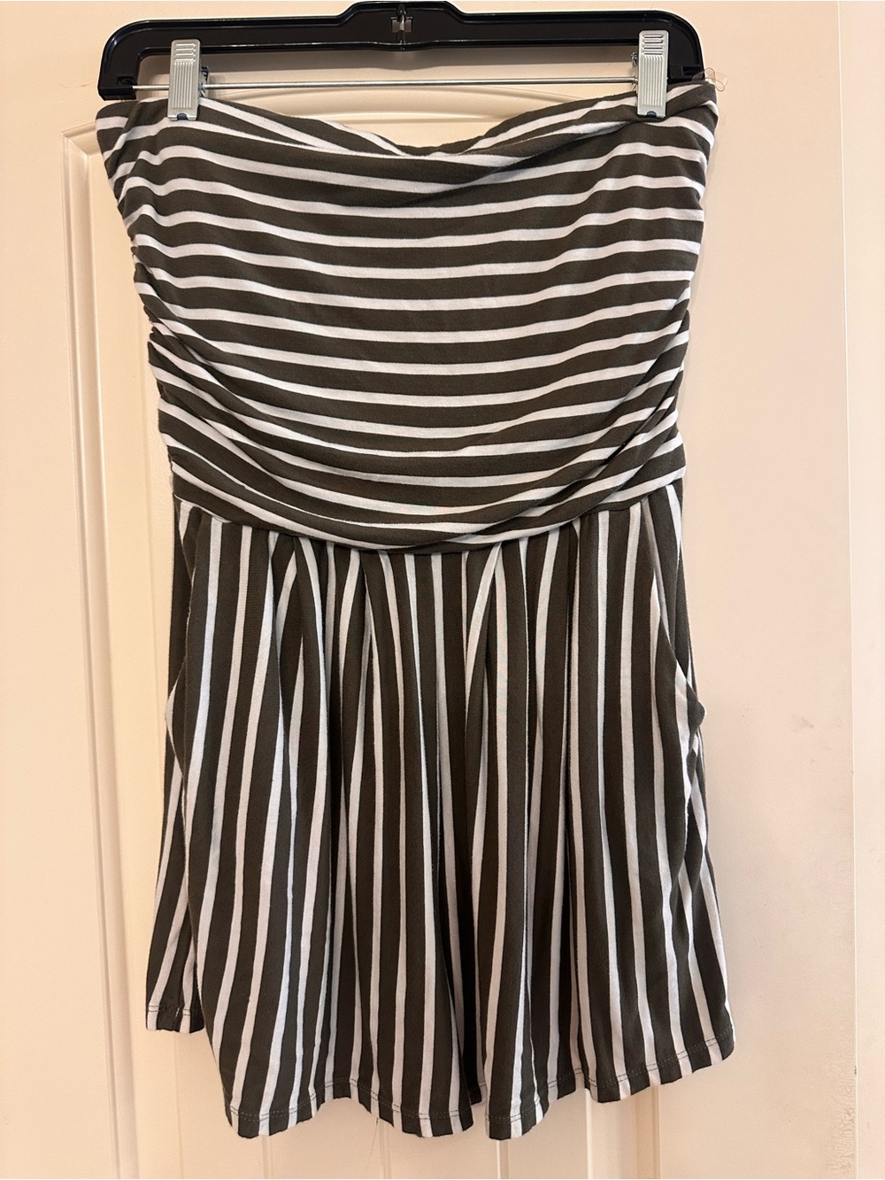 Striped Strapless Romper in Green and White